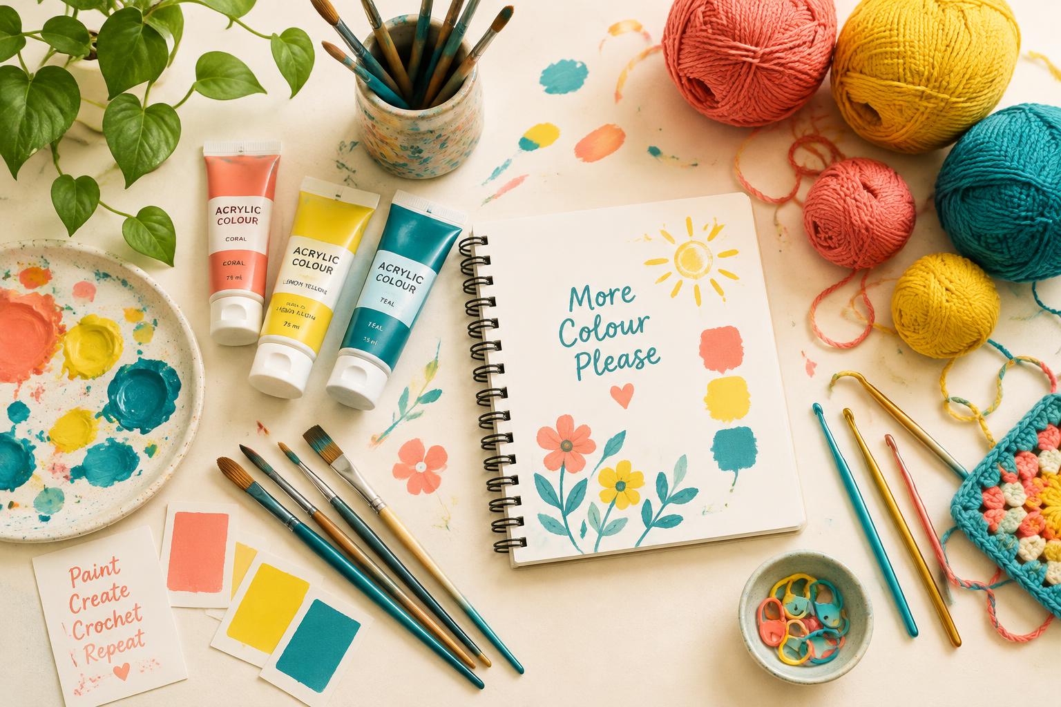 Paints, brushes, yarn and a sketchbook on a work table